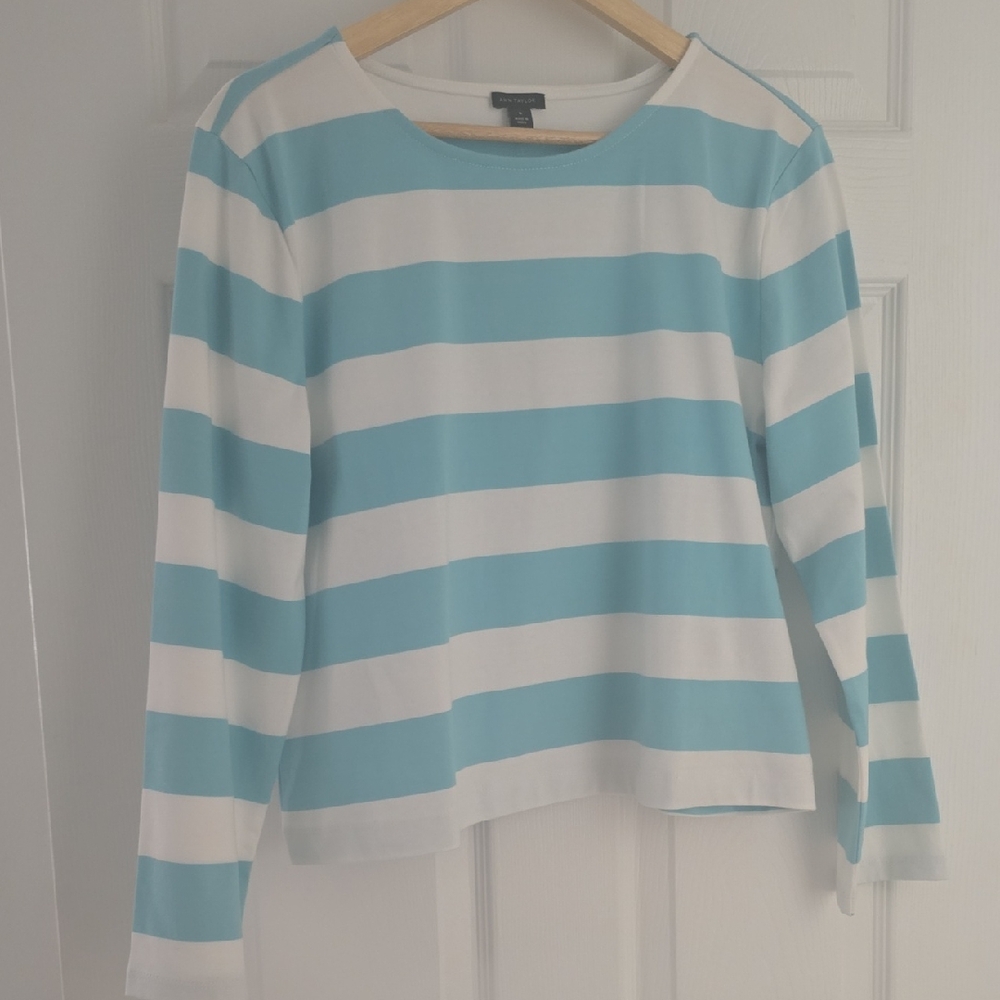 Ann Taylor Blue and White Striped Long Sleeve Tee